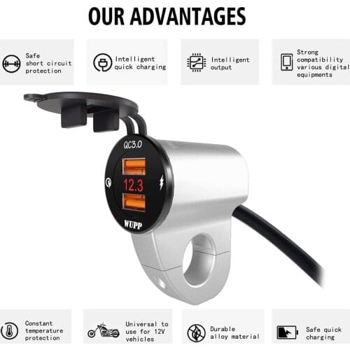 Waterproof 12V Motorcycle QC3.0 Dual USB Charger Ports Power Adapter with Digital Voltmeter for Smartphones, Tablets and GPS