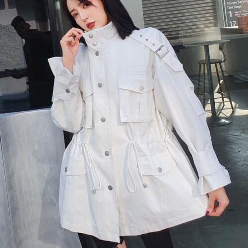 Fashion Stand Collar Windbreaker Womens Long Section 2020 Spring Autumn New Korean Loose Casual Coat Tooling Denim Jacket K517