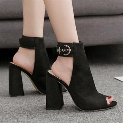 Women sandals Flock Buckle Strap 11.5CM Square heel High heels Peep Toe Shallow women shoes sandalias mujer 2020 size 35-42