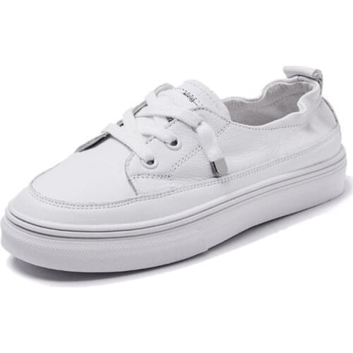 2020 Genuine Leather Shoes Women Flats Casual Woman White Sneakers Cow Leather Female Footwear Soft Comfortable YX1535