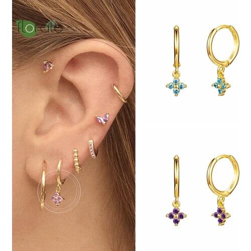 YUXINTOME 925 Silver Ear Buckle For Women Colorful Crystal Flower Round Earrings Girl Fashion Jewelry Tiny Huggies Earrings