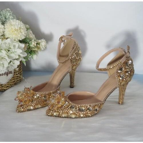 Champagne Golden crystal women Wedding shoes Rhinestone high heels ankle strap shoes women party dress shoes