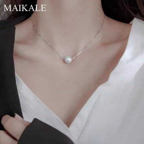 MAIKALE Luxury 925 Sterling Silver Necklaces Pendant with 10MM Round Freshwater Pearls Charm Necklace for Girls Women Jewelry