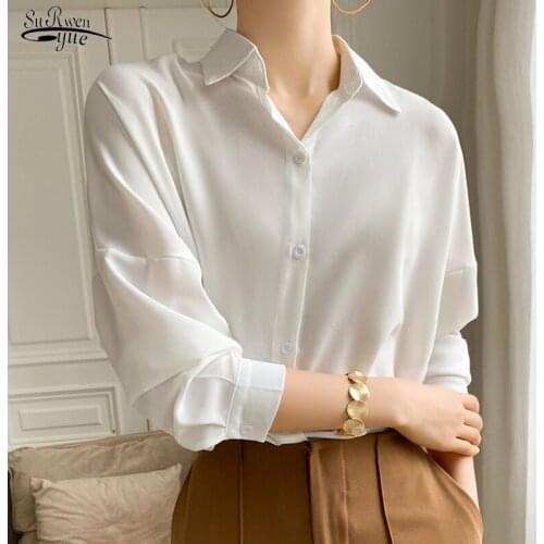 2021 Plus Size Solid chic chiffon Blouse Women Multi color Casual Lapel Loose Long Sleeve Elegant Casual White Pink Tops 9862