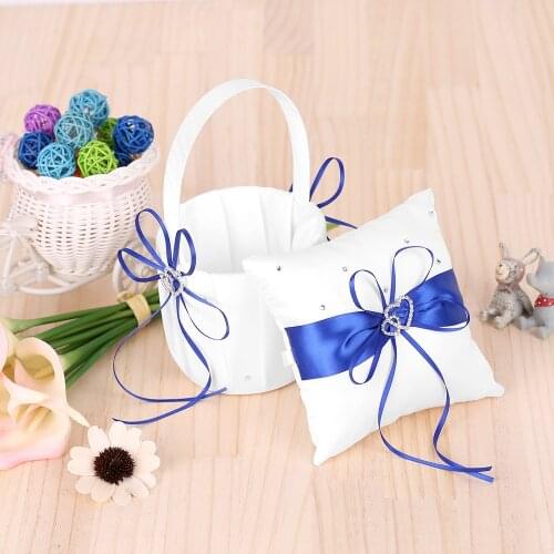 6*6'' Chic Satin Bowknot Flower Basket Heart Satin Ring Bearer Pillow Wedding Flower Girl Basket Set with Rhinestone Decoration