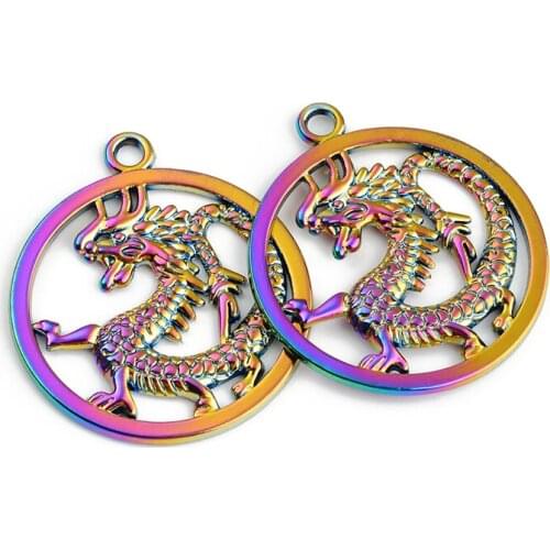 2PCS Rainbow Multicolor Zinc Based Alloy Pendant Charms Flying Dragon DIY Alloy Jewelry Making Accessories For Necklace Earring