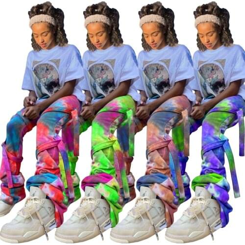 Tie Dye Print Bandage Stacked Sweatpants Women Winter Clothes Casual All-Match Pleated Jogger Pants Fashion Streetwear