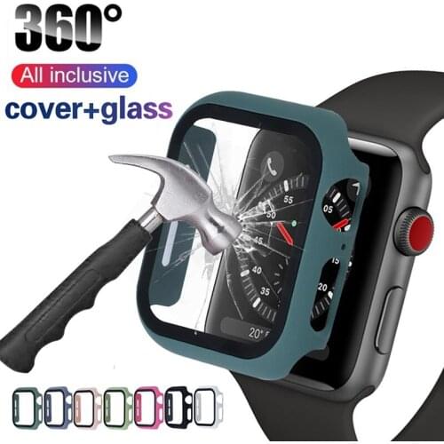360 Full cover for Apple Watch series 5 4 3 2 case 38 40 42 44mm matte Plastic bumper tempered glass for iWatch Pine Green band