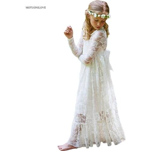 Long Sleeves Lace Beach Teenager Children Clothing Long Princess Dresses Kids Flower Girls Dress For Wedding Party 2 4 6 8 10 12