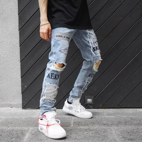 3XL Hole Skinny Jeans Men Streetwear Letter Print Patchwork Straight Pencil Pants Male Vaqueros Hombre Hip Hop Trousers