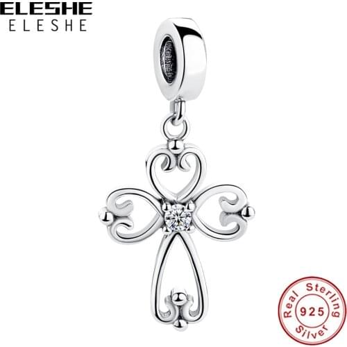 ELESHE 100% 925 Sterling Silver Cross Dangle Charm with CZ European Bead Fit Original Charms Bracelet Women DIY Jewelry Gift