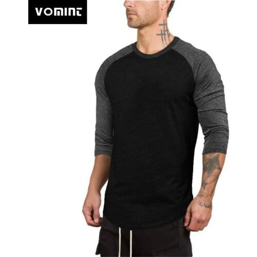 Mens T-Shirts Pure color cotton mens slim seven-point sleeve raglan t-shirt round neck hit color sports fitness hip hop