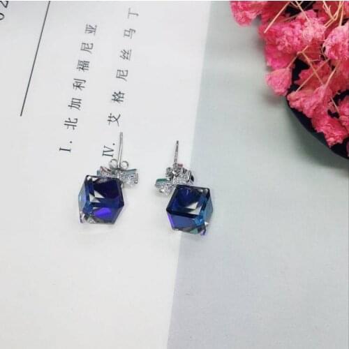S925 sterling silver exquisite aurora square crystal earrings temperament earrings free shipping