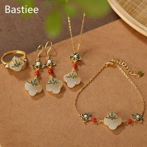 Bastiee Golden Plated Clover 925 Sterling Silver Jewelry Sets For Women Rings Jade Pendant Necklace Drop Earrings Bracelet