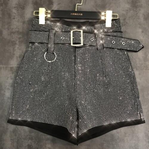 Hot drilling heavy industry high waist shorts women autumn winter diamond 2021 new fashion belt wide leg boots