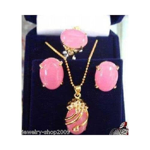 Hot selling> Jewelry Pink Natural stone pendant earring ring sets ^^ watch Quartz stone CZ crystal -Bride jewelry free sh