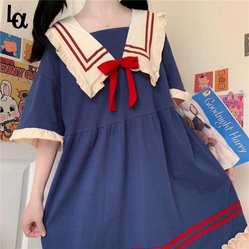 Luck A New Summer Kawaii Japanese Sailor Collar Dresses Sweet Navy Bow Girls Cute Dress Preppy Vintage Princess Vestido