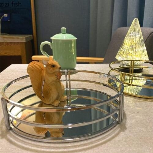 Metal Glass Mirror Tray Round Decorative Plate Desktop Decoration Storage Tray Jewelry Dish Tea Plate Cosmetic Organize Disk
