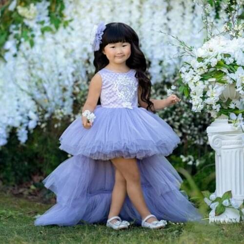 Cute Lavender Flowers Girls Dresses Fluffy Tulle Tiered Train Baby Girls Birthday Party Gown Photography