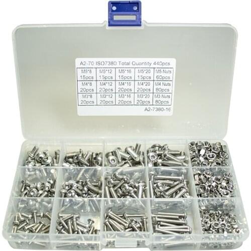 440Pcs M3 M4 M5 Screw Set 304 Stainless Steel Socket Screw Set Flat Round Cap Head Screw Kit Bolts and Nuts Cross Bolts Set