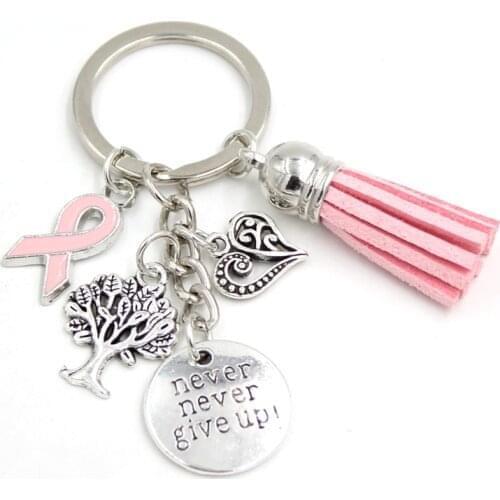 New Arrival Breast Cancer Awareness Pink Ribbon Tassel Keychains Keyring heart life tree never give up charms key chain Jewelry