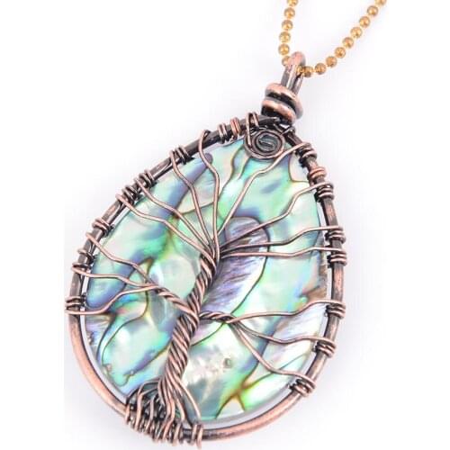 Natural Stone Water Drop Abalone Shell Pendant Necklace Charm Copper Line Wrapped Tree of Life Female Fashion Jewelry D543