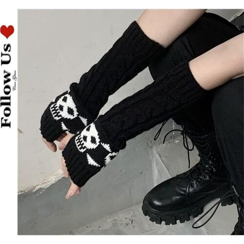 Harajuku Black Skull Gloves Japanese Women Half Finger Knitting Warm Long Glove Gothic Punk Length Sleeve Fingerless Mittens