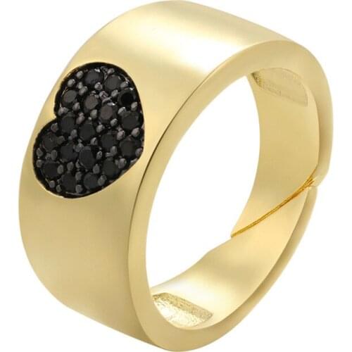 Simple Micro Pave CZ Heart Open Wide Ring for Women Men Trendy Black Crystal Gold Color Adjustable Size Finger Party Jewelry