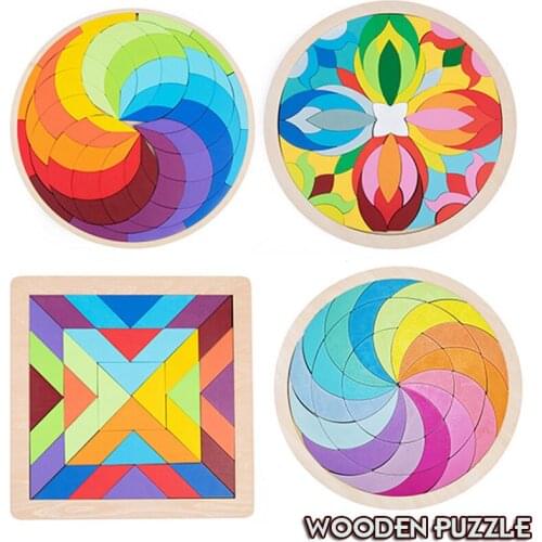 Rainbow Montessori Wooden Puzzle Toys Art Educational Geometric Jigsaw Imagination Training Mandala Blocks Toys Brain Kids Games