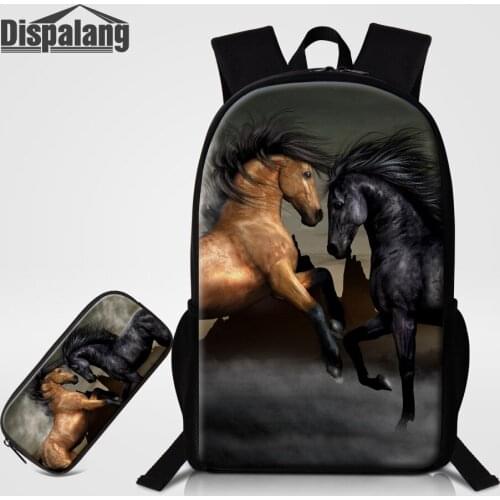 Dispalang Horse Print School Backpack For Girls 2 PCS Childrens Zip Pencil Case High Quality Oxford Schoolbags For Boys Bookbag