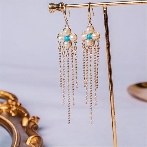 Four Leaf Clover Earrings Gold 14k Silver 925 4-5mm for Women and Girls Tassels Vintage Pearl Ear Hook