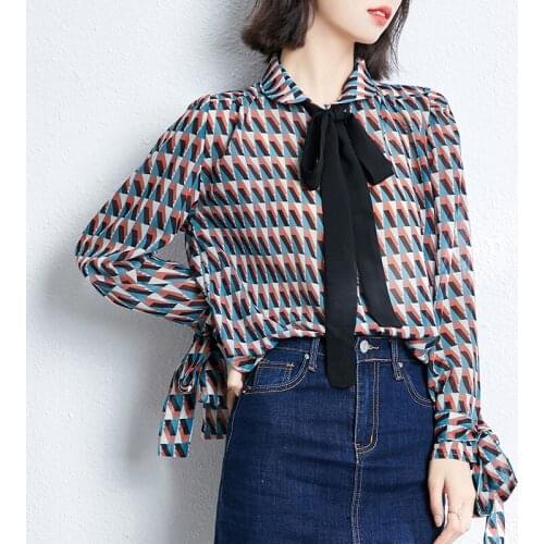 Spring retro checkered bow tie loose and thin shirt temperament blouse chiffon blouse