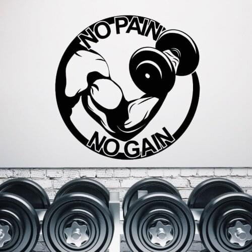 Vinyl Wall Decal Quote Gym Muscular Hand Dumbbell Wall Sticker No Pain No Gain Wall Art Mural Gym Sports Decoration Poster AY819