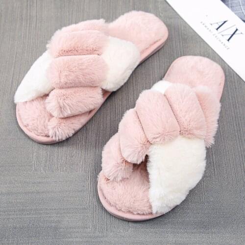 Indoor Winter Women Faux Fur Slippers Ladies Fluffy Bedroom Home Open Toe Warm Plush Flat Warm Shoes Chaussons Slip on Female