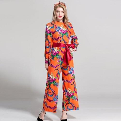 Wholesale Runway Women Sets Fashion New Designer Long Sleeve Autumn Flower Print Belt Loose Top + Flare Full Pant Suits