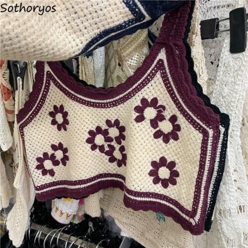 Women Sweater Vests Floral Embroidery Sweet Lovely Teenagers Crop Tops Hollow Out Retro All-match Hot Stylish Casual Streetwear