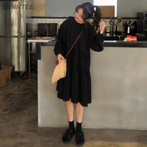Dresses Women Solid Black Loose Casual Long Sleeve Knee-length Preppy Style Students Harajuku Vintage Simple Ulzzang Sweet Cute