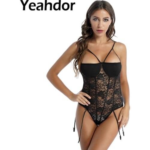 Big Size Women Sexy Lace Lingerie Bodysuit Adjustable Spaghetti Straps Open Bras See-through Backless Jumpsuit Exotic Underwear