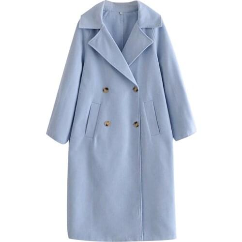 Women 2021 Fashion Double Breasted Loose Woolen Coat Vintage Long Sleeve Side Pockets Female Outerwear Chic Overcoat