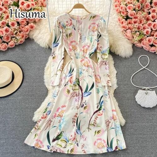 2021 autumn new womens o-neck puff sleeve print chiffon party dress female Chic elegant waist A-line dresses