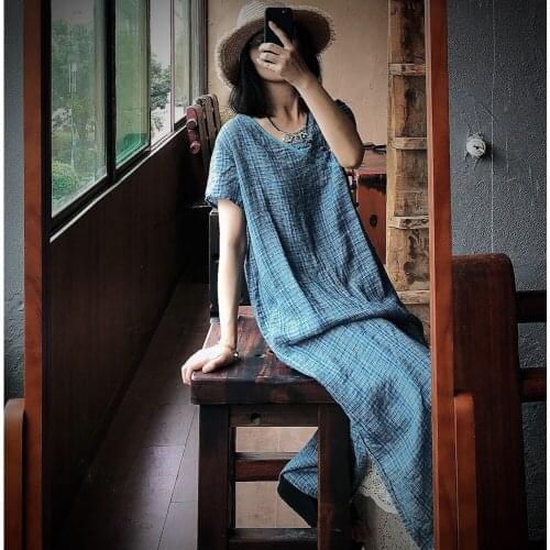 Women Loose Plaid Linen Dress Ladies Vintage Flax Plaid Dresses Female 2020 Summer Loose Dress
