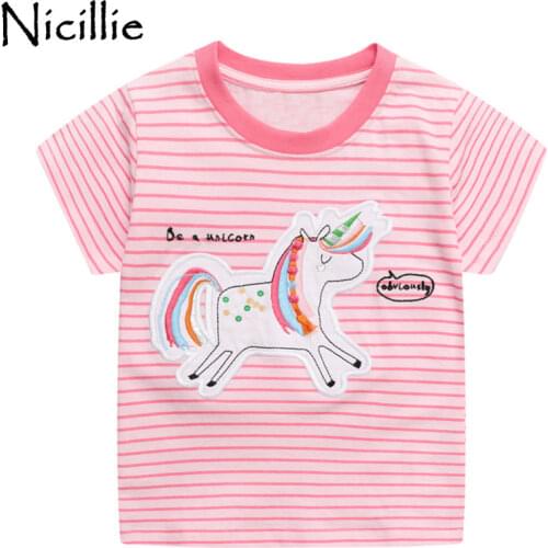 2021 Summer Casual Unicorn T-shirt Kids girl Short Sleeve Striped Tops Children Cotton Tees for Baby girls Clothes 2 7Y