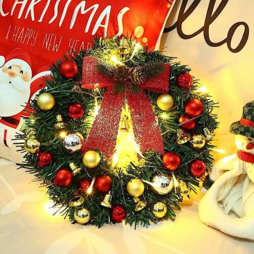 30cm Christmas Wreath With Bow Balls Bells LED Light Flower Door Hanging Garland Ornaments Xmas Christmas Decorations For Home