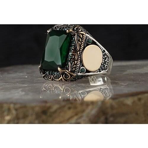 Zircon 925 Silver Engraved Traditional Handmade Turkish Signet Ring Jewelry Gift for Women Men