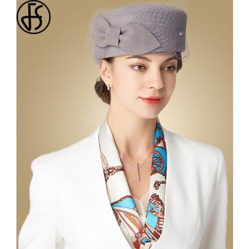 FS Vintage French Wool Women Berets Cap Winter Felt Hat With Bow Flat Top Hats Lady Stewardess Cap Fedoras Chapeau Femme Feutre