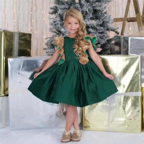Emerald Green Baby Girls Birthday Dress Knee Length with Sequins Bow Kids Clothes Photography