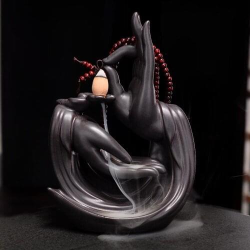 Purple Sand Ceramic Censer Buddha Hand Backflow Incense Burner Holder Smoke Waterfall Incense Sticks Holder Decorative Buddha