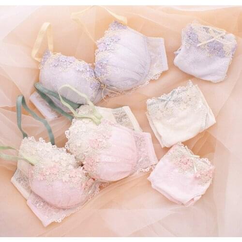 Japanese Sexy Cute Embroidery Flower Print Push Up Bra And Panty Set Lace Lounge Underwear Women Floral Lingerie Bralette Set