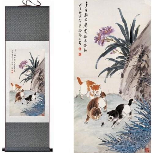 Cat and flower silk art painting Chinese Art Painting Home Office Decoration Chinese Cat painting Chinese ink painting