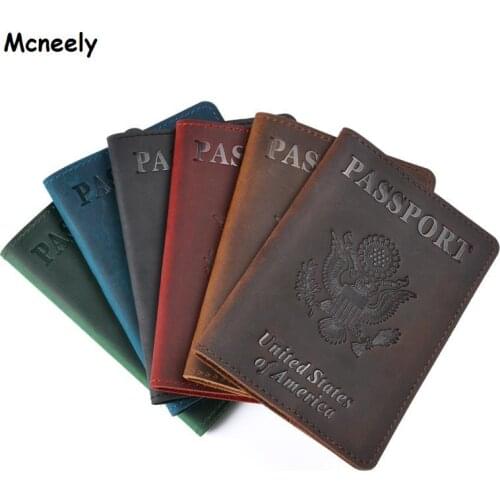 Mcneely Crazy Horse Leather Passport Cover Solid Credit Card ID Holder Passport Case Business Unisex Travel Wallet Case for USA